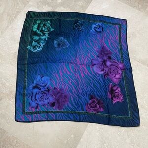 NWOT Roberto Cavalli 100% Silk Blue and Purple Rose Scarf